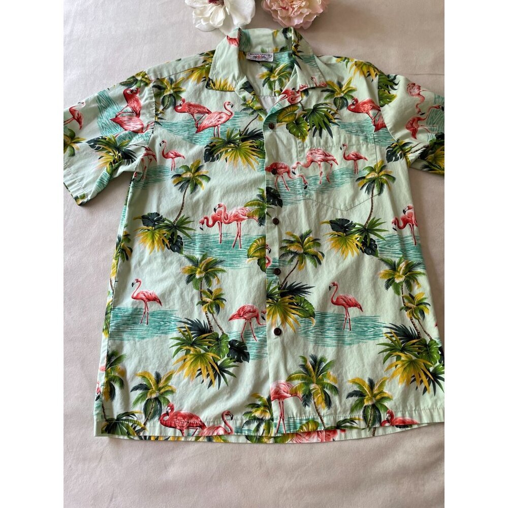 Pacific Legend Hawaiian Flamingo & Palm Print Shirt Size M Cotton